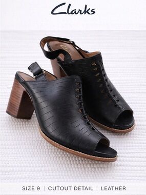 Clarks Briatta Key Black Leather Cutout Peep Toe Block Heel 9